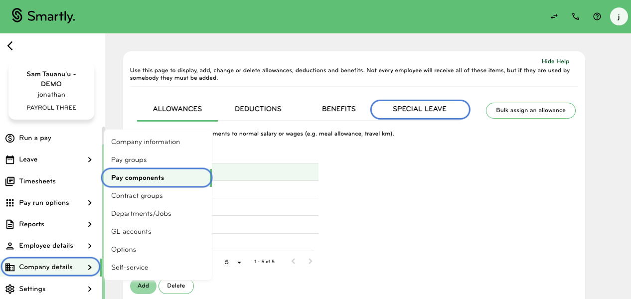 Special Leave menu under Company Details in Smartly