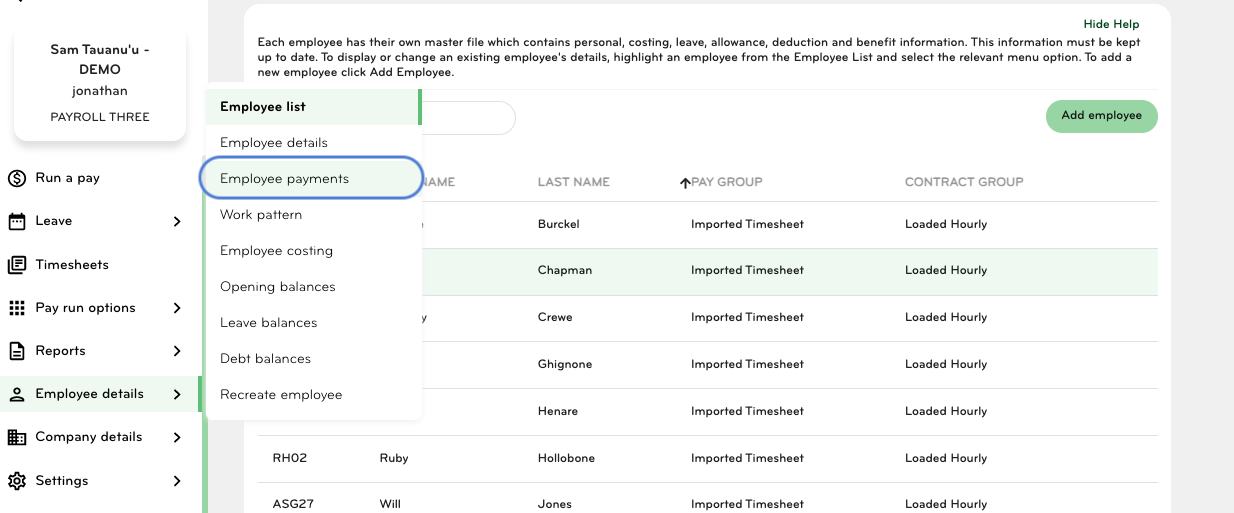 Employee Payments tab for a staff member in Smartly