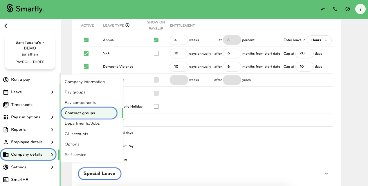 Special Leave section within a Smartly Contract Group