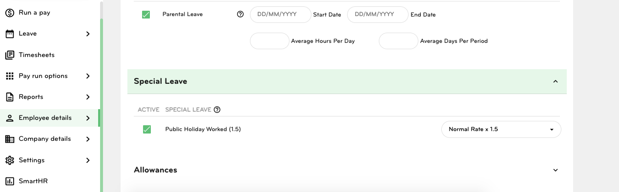 Public Holiday Worked (1.5) ticked as active for an employee