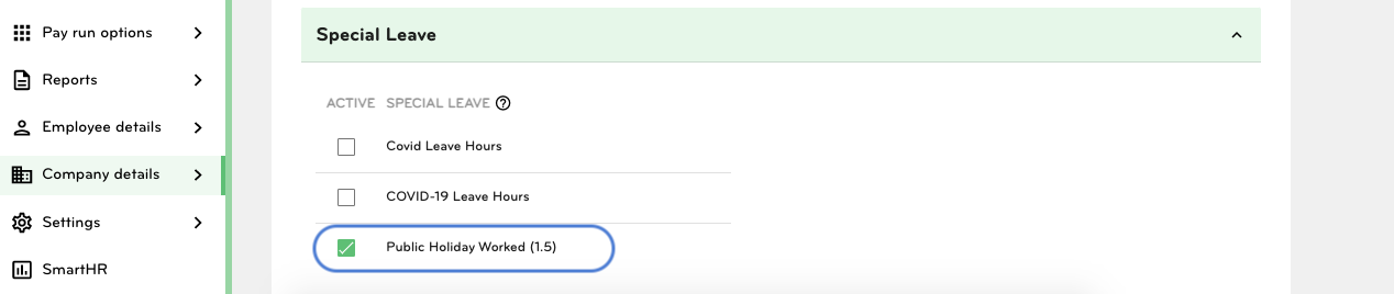 Public Holiday Worked (1.5) ticked as active for a Contract Group