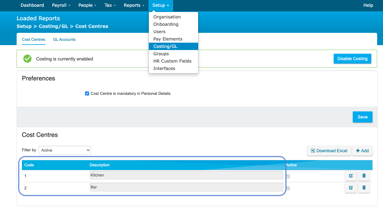 iPayroll Cost Centres Editor showing Codes