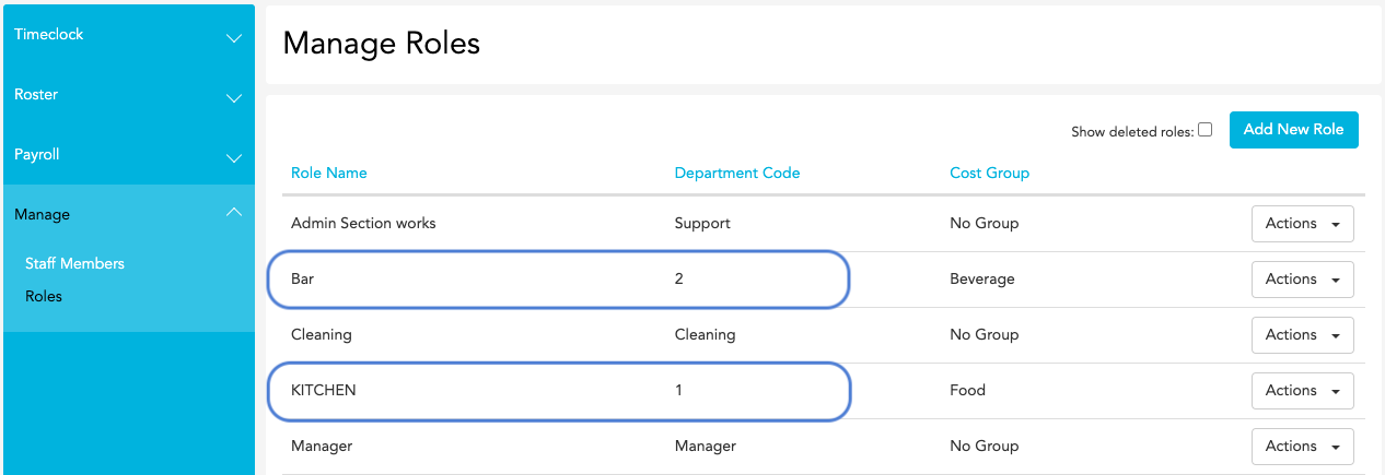 Loaded Roles Editor showing Department Code