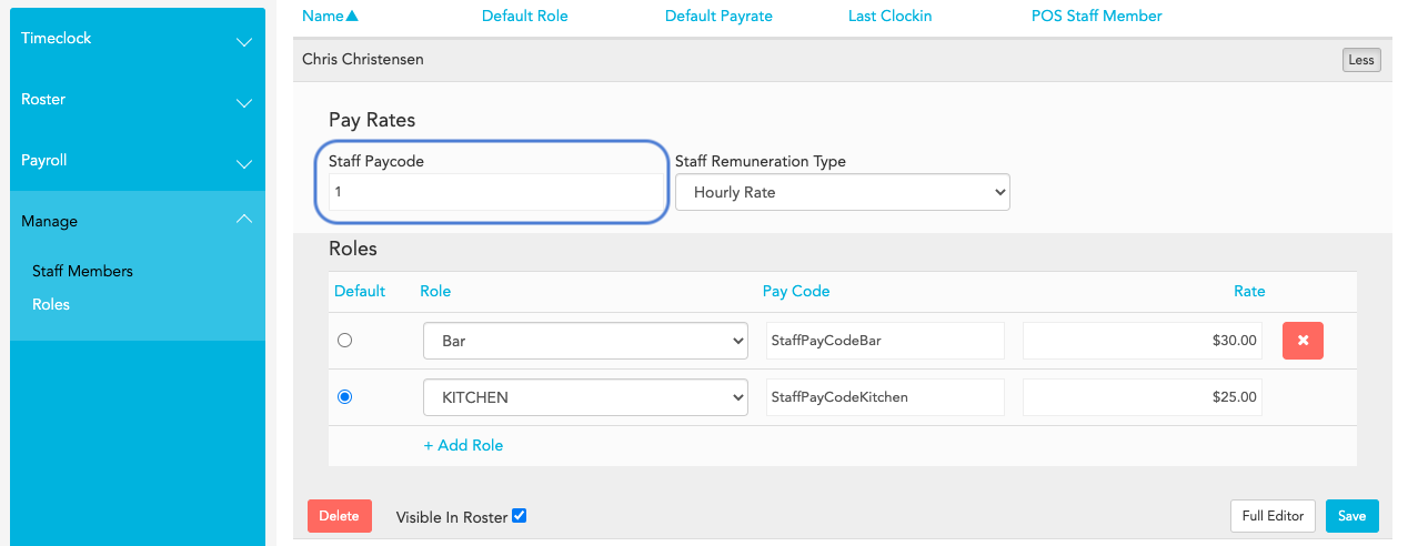 Loaded Staff editor showing Staff Paycode field