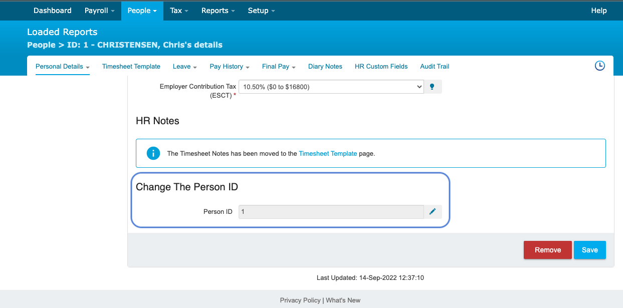 iPayroll Staff Editor showing Person ID