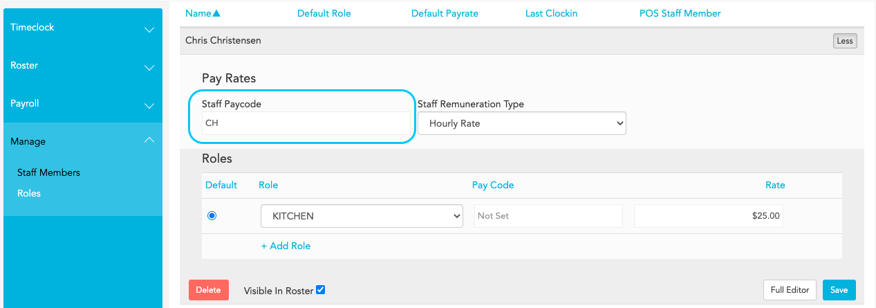 Loaded Staff editor showing Staff Paycode field