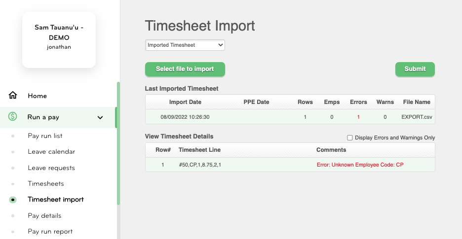 Smartly import error: Pay Code mismatch