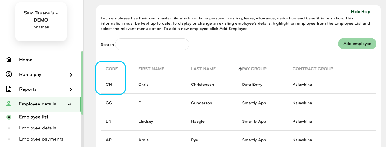 Smartly Employee Details page showing Code