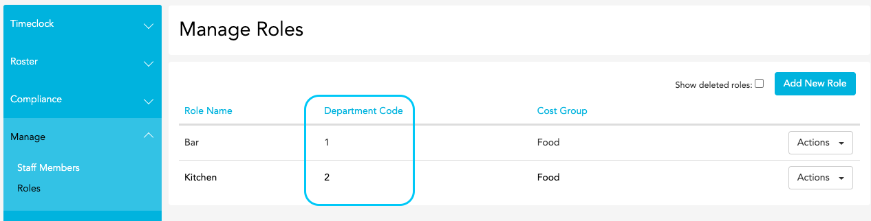 Loaded Roles Editor showing Department Code