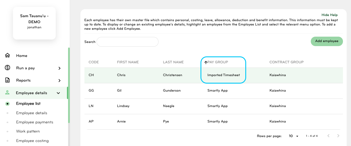 Smartly Employee List page showing pay group