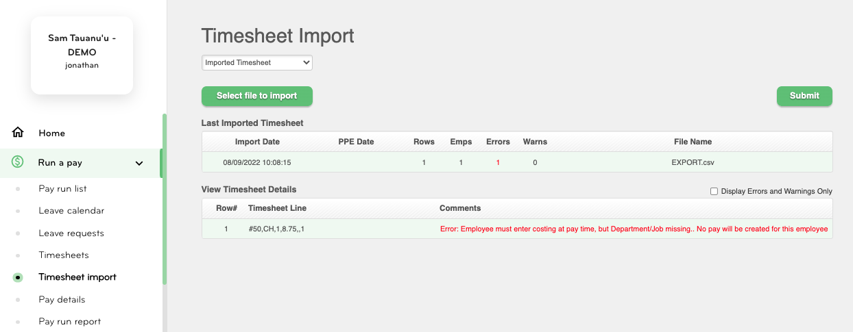 Smartly import error: Department code mismatch