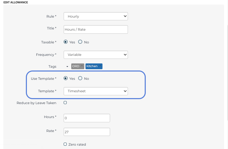 PaySauce allowance setup sample using Timesheet template