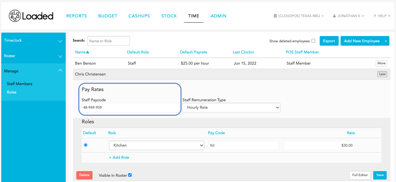 Loaded Staff editor showing Staff Paycode field (IRD No)