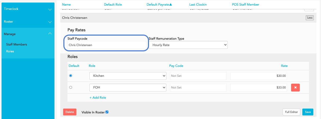 Loaded Staff editor showing Staff Paycode field