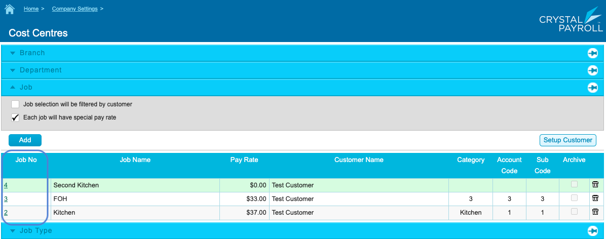 Cost Centres page in Crystal Payroll