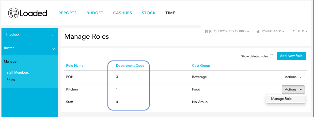 Roles in Loaded showing Department Code