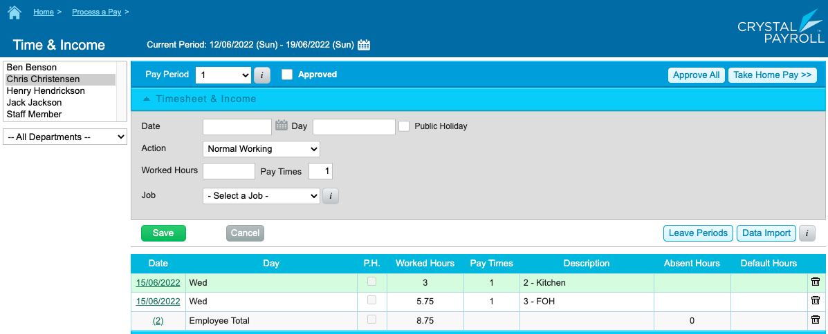 Crystal Payroll import successful, click staff member