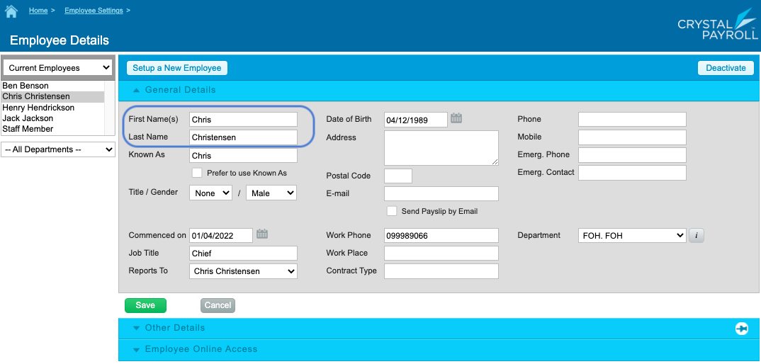 Crystal Payroll Employee Details Editor