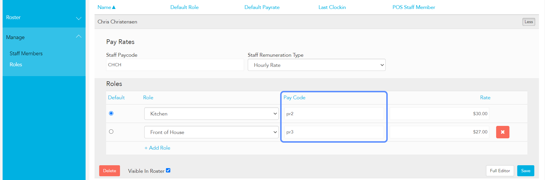Loaded Staff Editor multi-role pay code setup