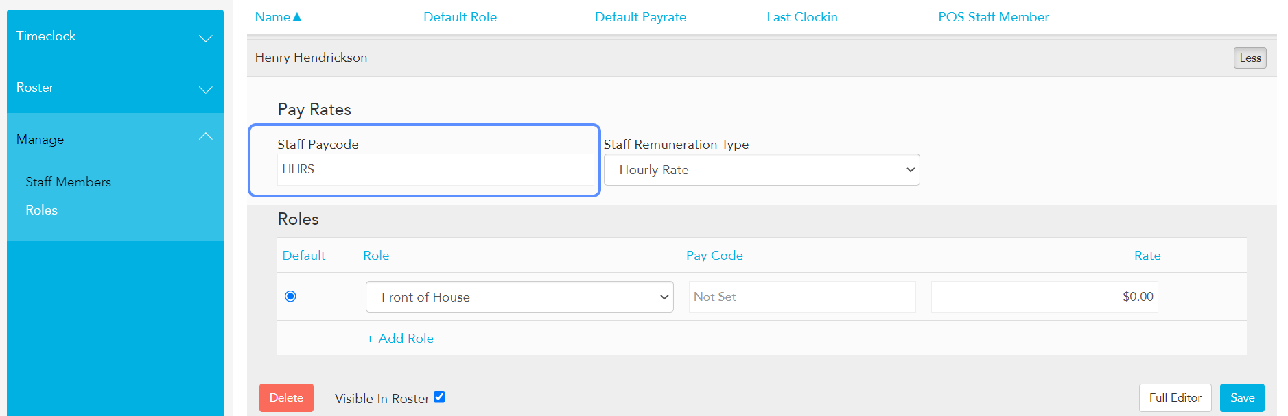 Loaded Staff editor showing Staff Paycode field