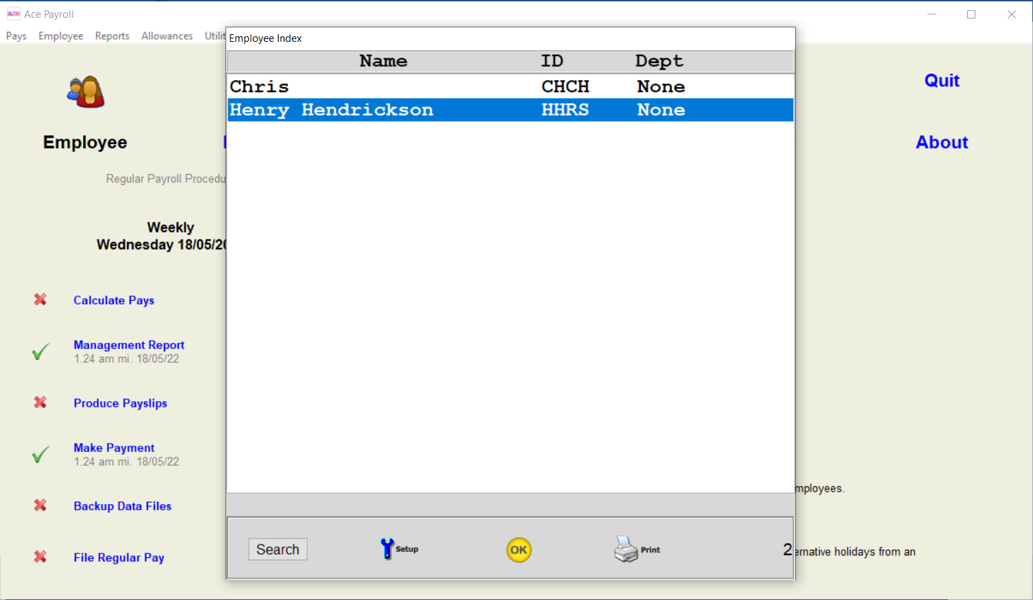 Ace Payroll Staff Editor showing ID
