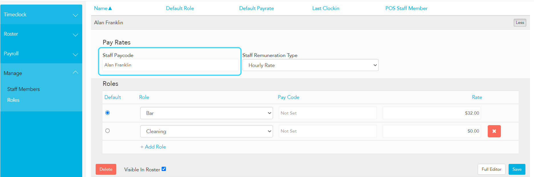 Loaded Staff editor showing Staff Paycode field