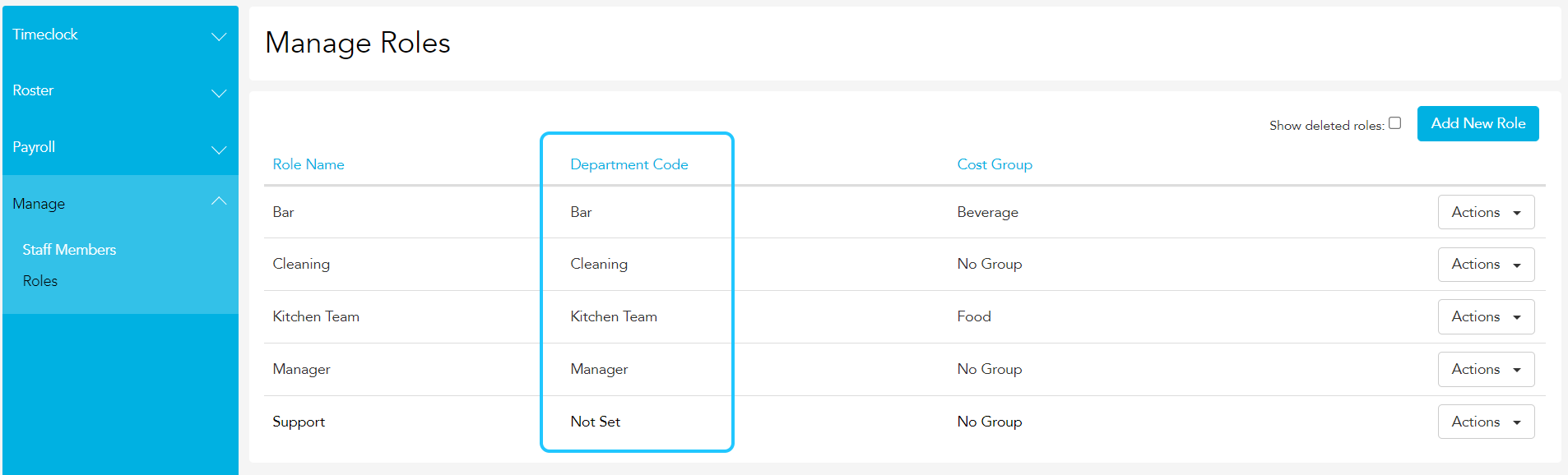 Loaded Roles Editor showing role pay code / department code