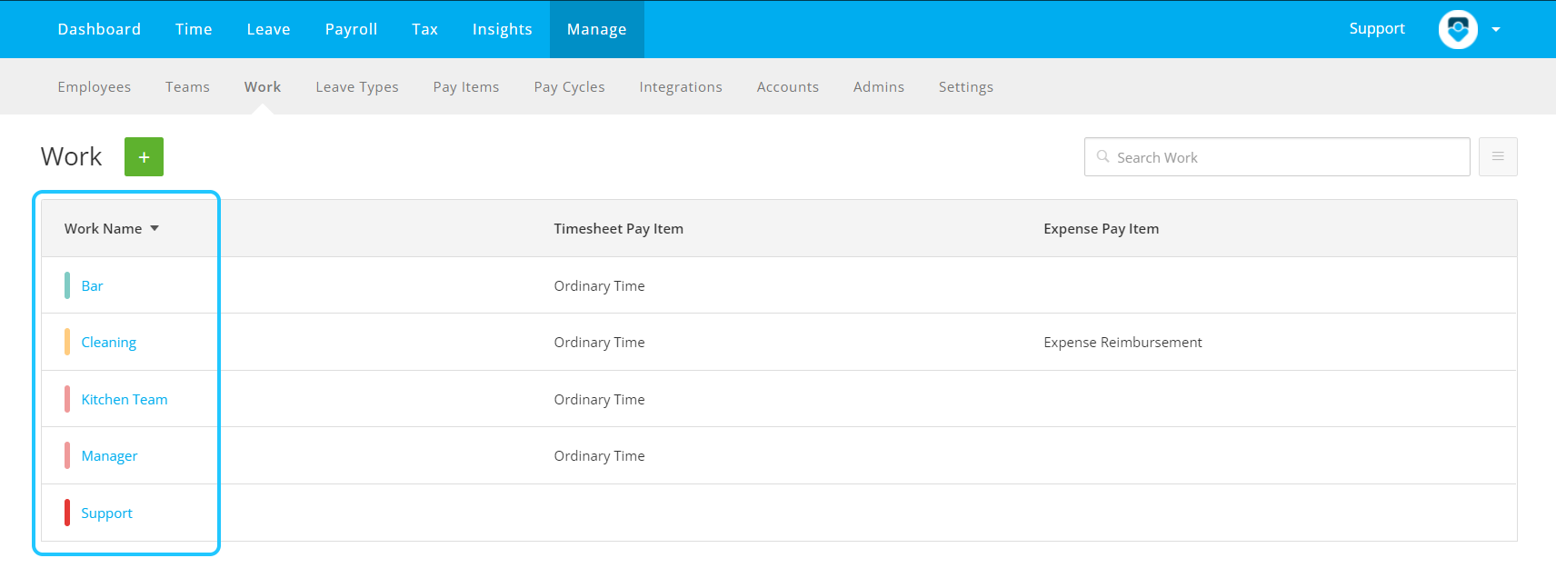 PayHero Manage > Work editor showing Work Name