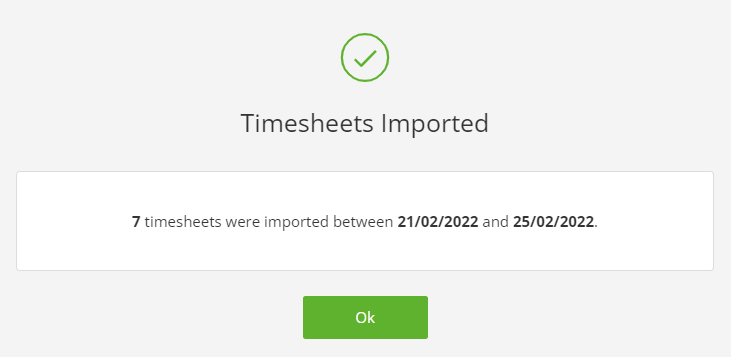 PayHero timesheet import success notification