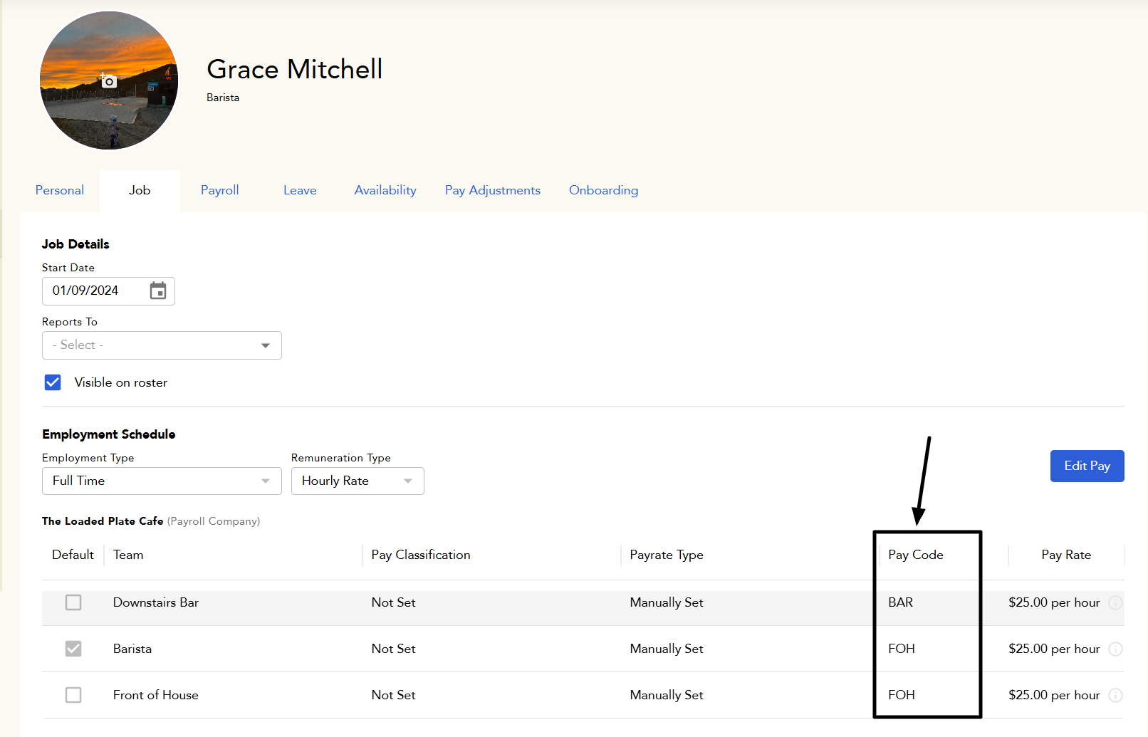 Staff member role pay code field in Loaded