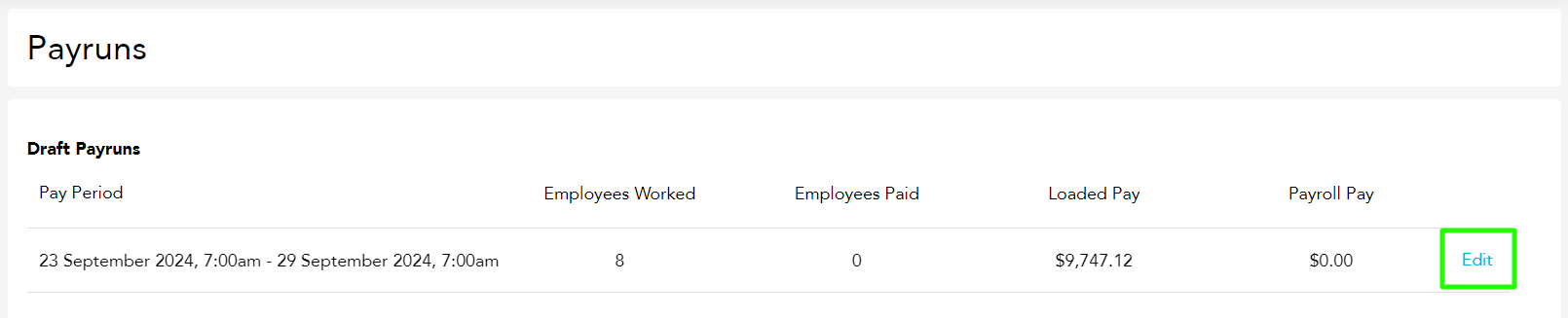 Draft Pay Runs list, Edit button