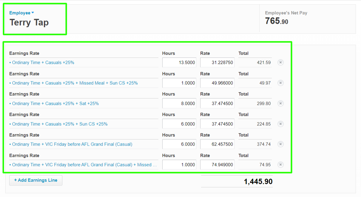Xero pay items breakdown for an employee