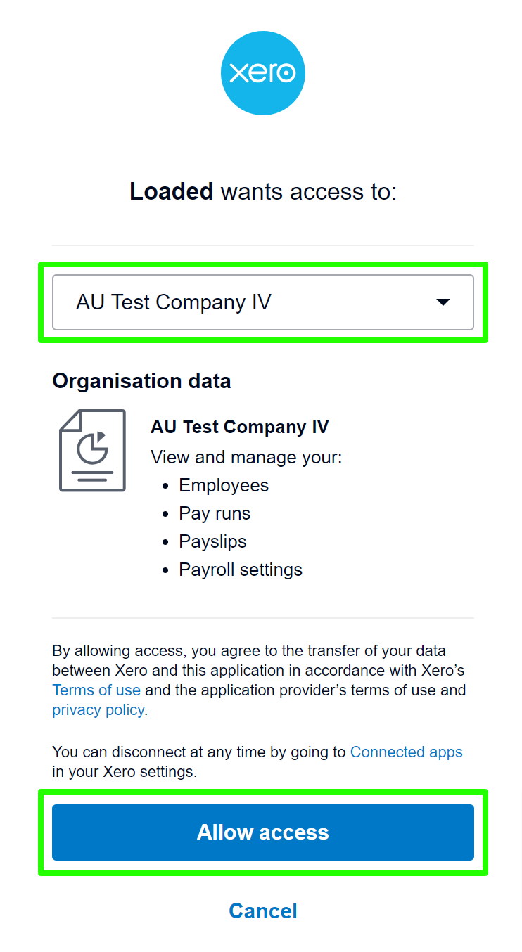 Xero allow access screen
