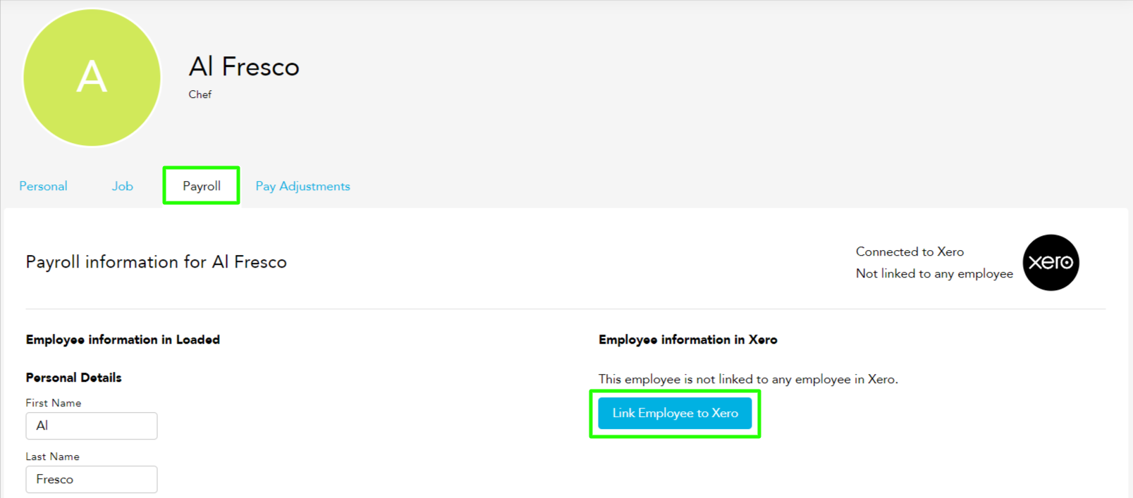 Link Employee to Xero button on staff Payroll tab