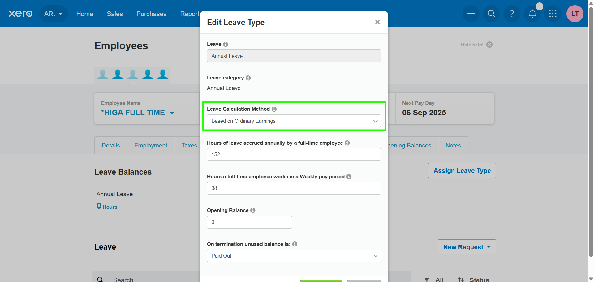 Xero leave type Based on Ordinary Earnings calculation method