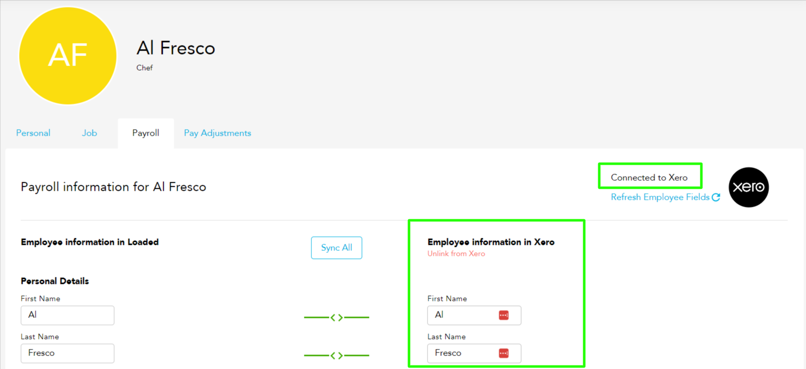Staff member linked, showing Xero info in right column