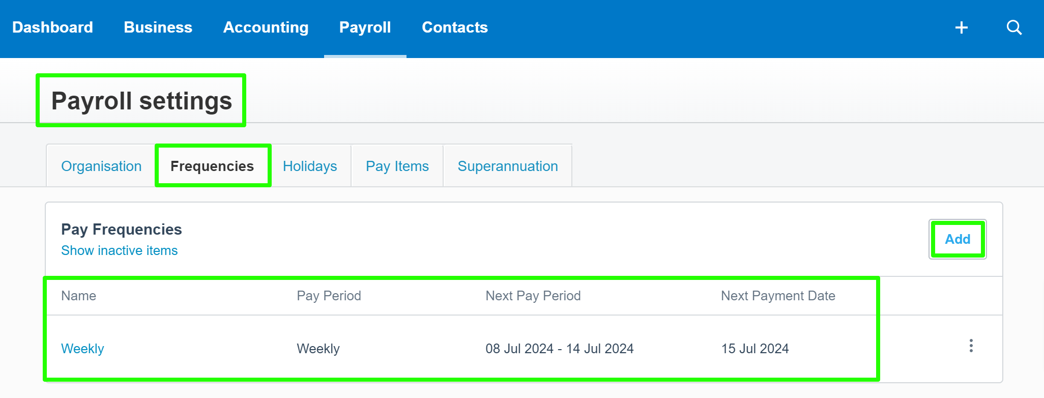 Xero Payroll Settings Frequencies