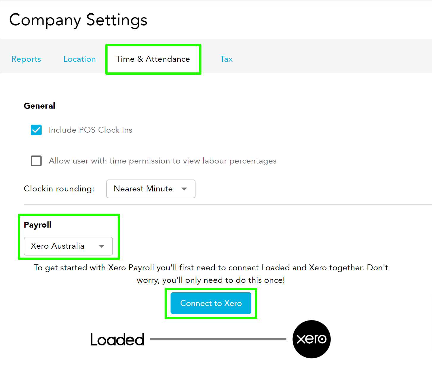 Connect to Xero button in Company Settings