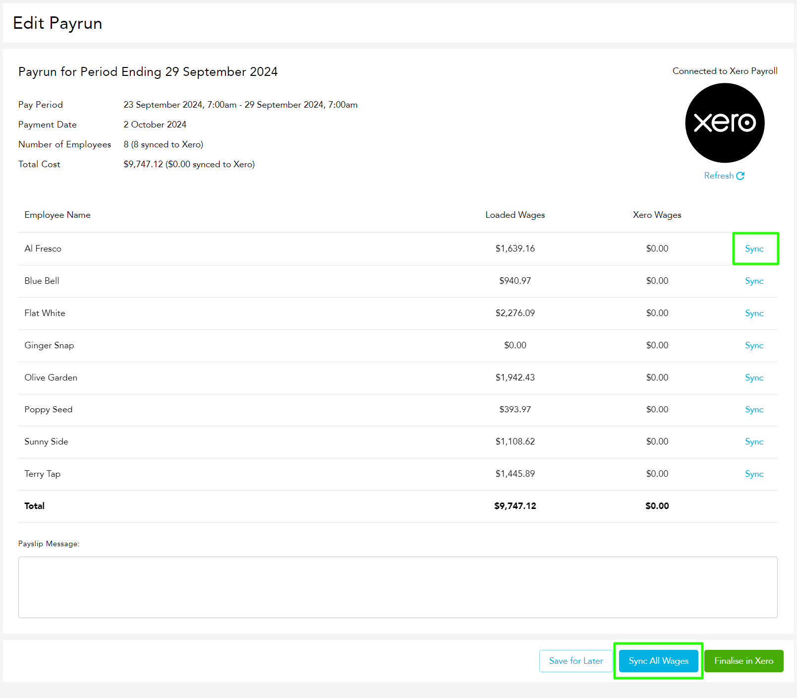 Draft pay run staff sync buttons