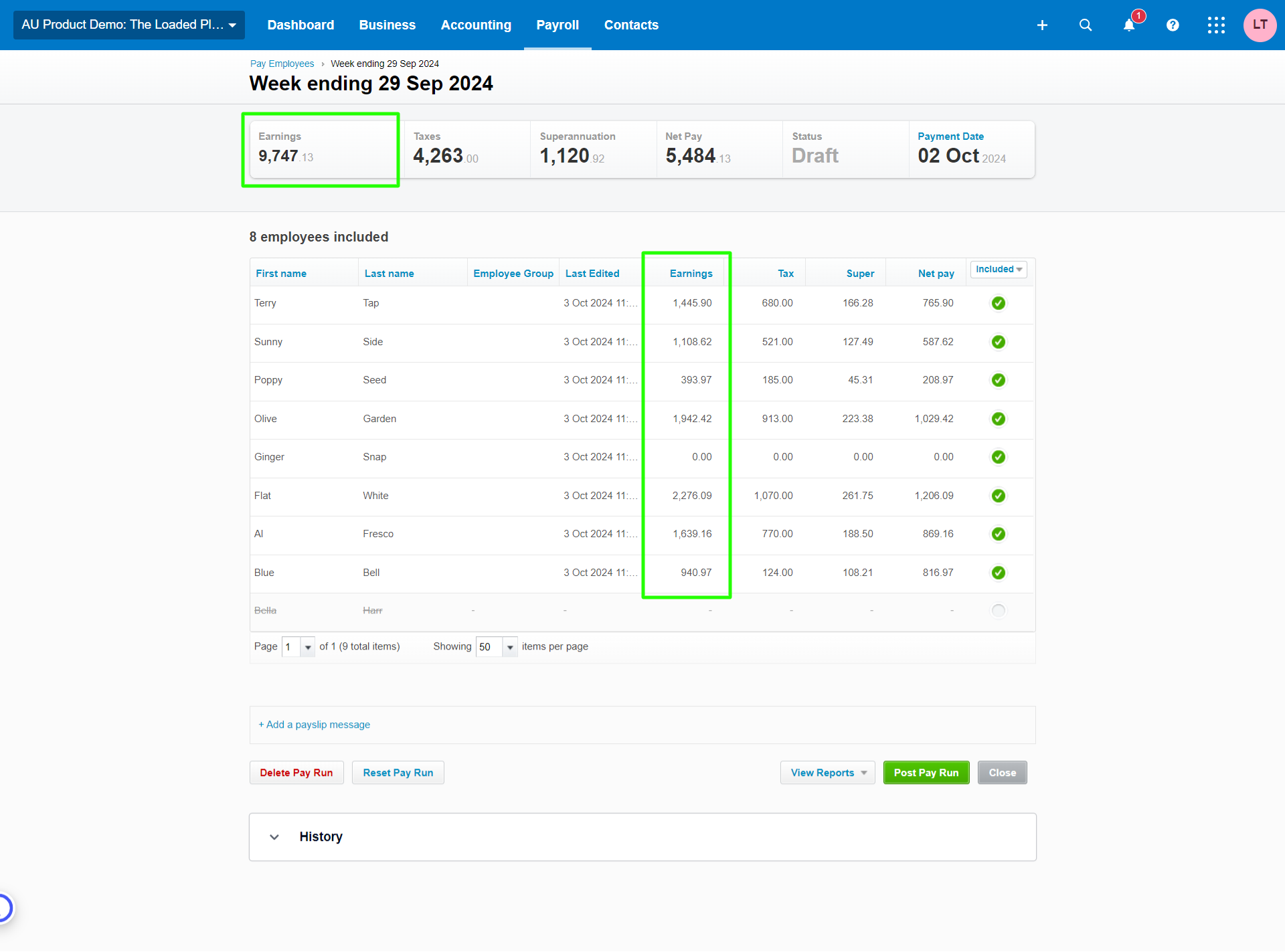 Pay run earnings total in Xero