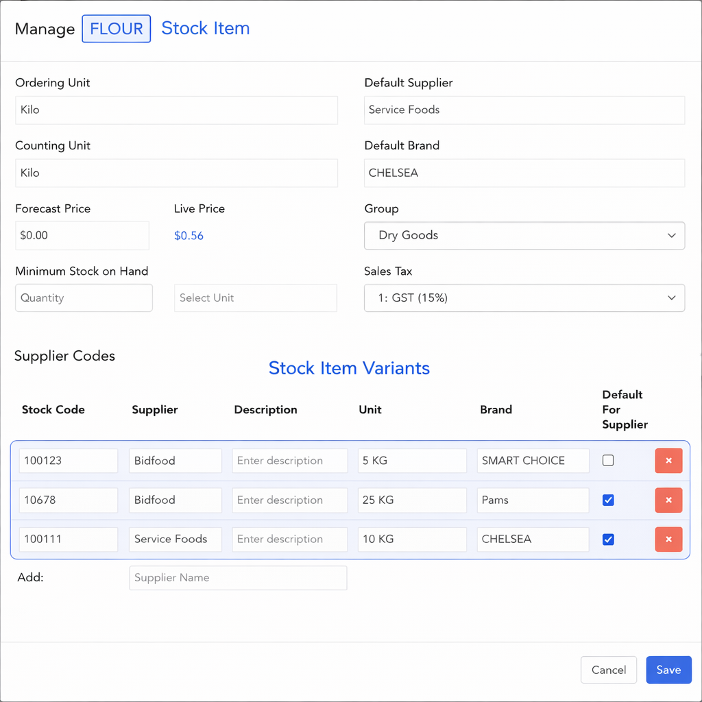 Stock item variants list showing supplier, unit, stock code and brand
