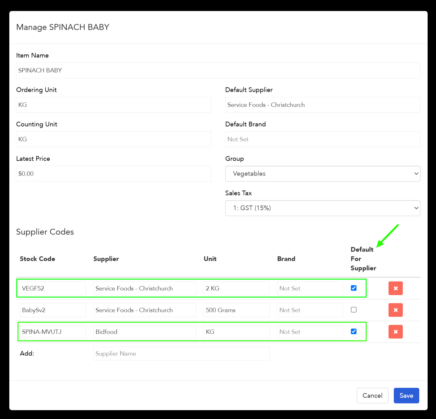 Manually setting the default for supplier checkbox on a stock item variant