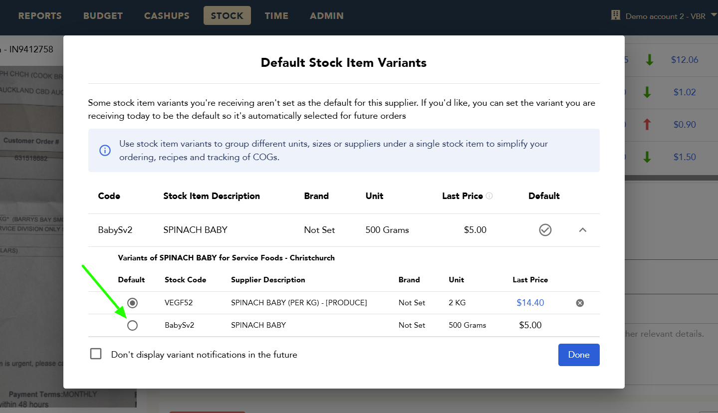 Pop-up prompting to update the default stock item variant for a supplier