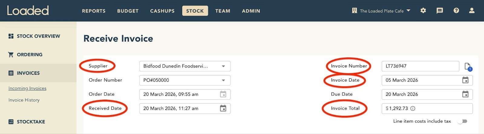 Review Invoice Details screen in Loaded showing supplier, received date and invoice fields