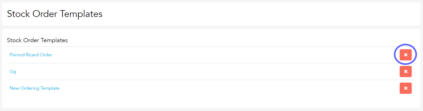 Order Templates page listing saved templates in Loaded