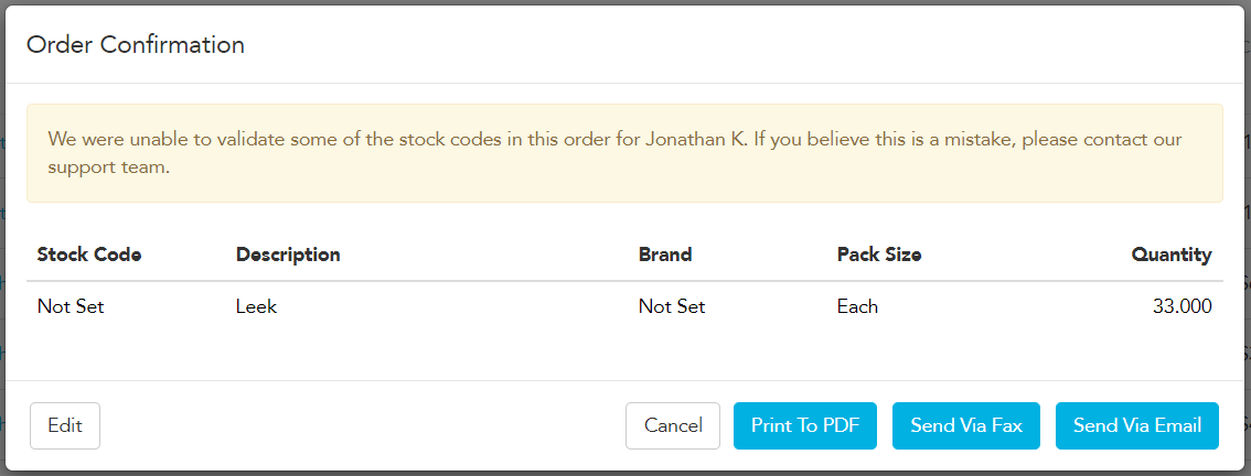 Confirmation screen after generating a purchase order from a template in Loaded