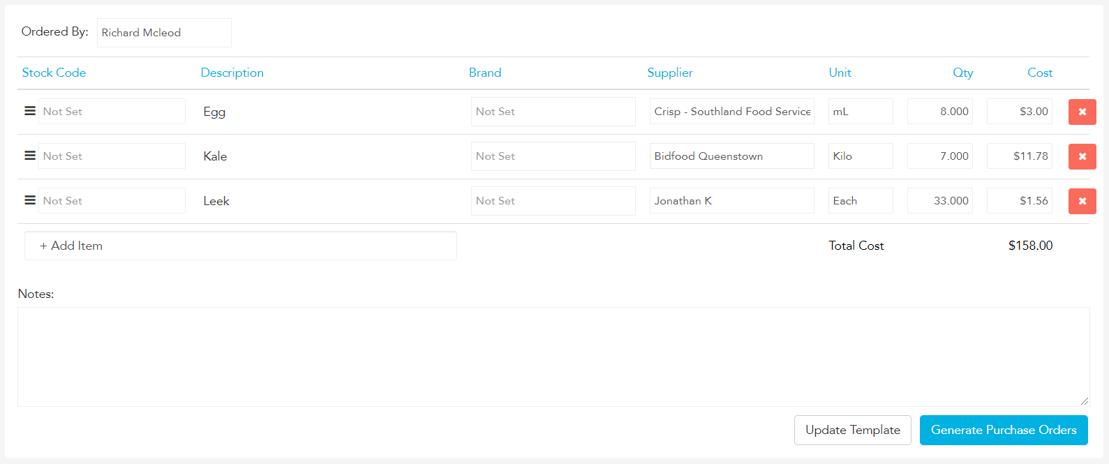 Editing quantities when generating an order from a template in Loaded