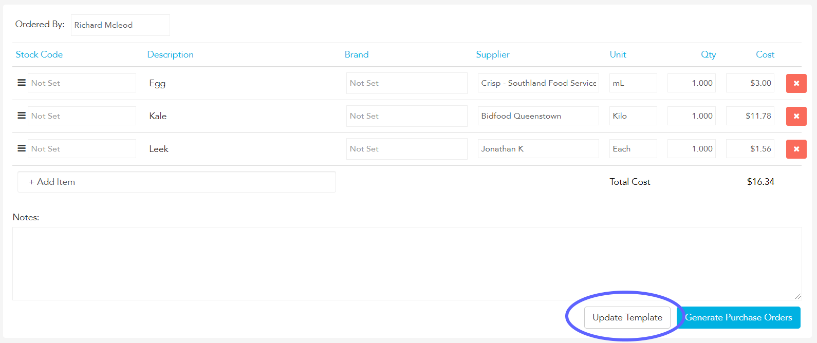 Editing an existing order template in Loaded