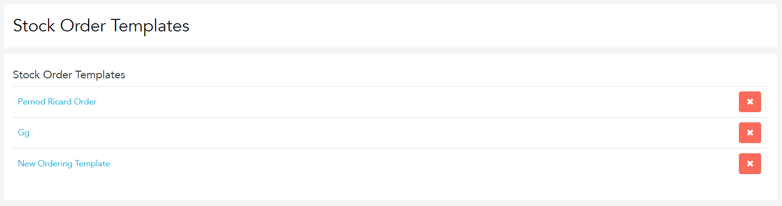 Order Templates page showing the delete option for a template
