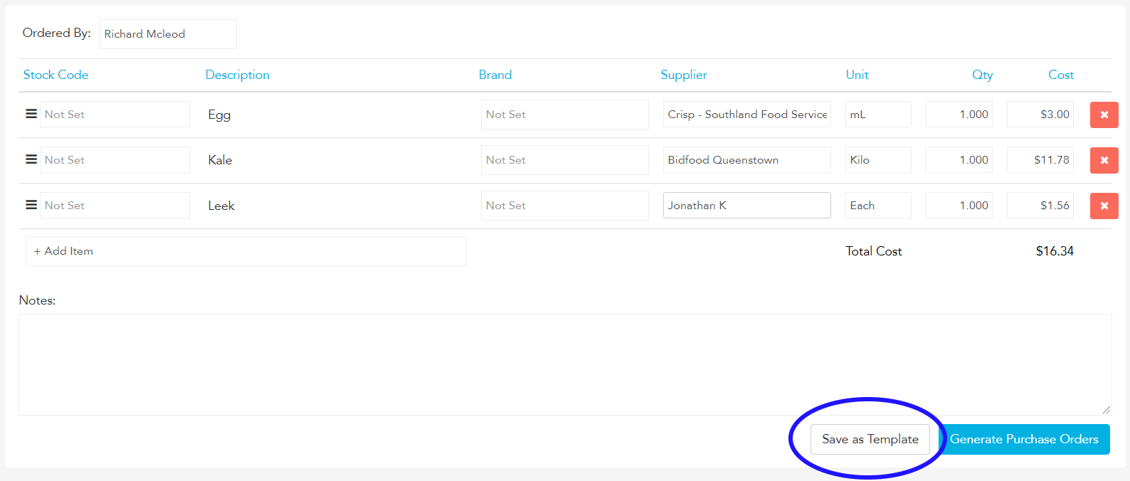 Save as Template button on a Loaded purchase order